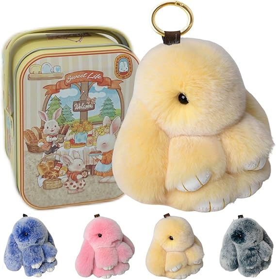Bunny Keychain with Tin,Bunny Handmade Soft Pompom Charms,Fluffy Keychain Accessories for Womens-YAO