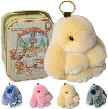 Bunny Keychain with Tin,Bunny Handmade Soft Pompom Charms,Fluffy Keychain Accessories for Womens-YAO