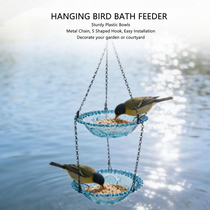 Hanging Bird Feeder and Bath, Double Layer Plastic Feeder Bowl with Metal Chain for Outdoor Garden Courtyard, Weather Immune Versatile Design Attracts Wild Birds-YAO