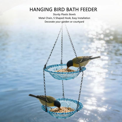 Hanging Bird Feeder and Bath, Double Layer Plastic Feeder Bowl with Metal Chain for Outdoor Garden Courtyard, Weather Immune Versatile Design Attracts Wild Birds-YAO