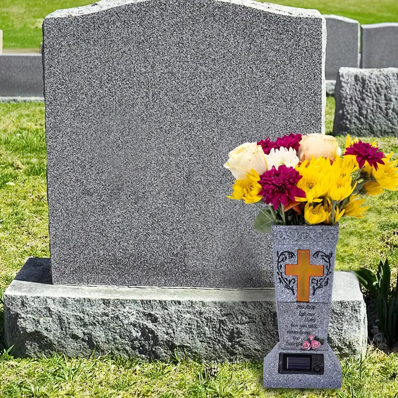 Solar Cemetery Grave Vase with LED – Headstone Flower Vase with Ground Spike for Fresh/Artificial Flowers – Memorial Grave Decor – Tribute Gift for Loss of Loved One-8WX