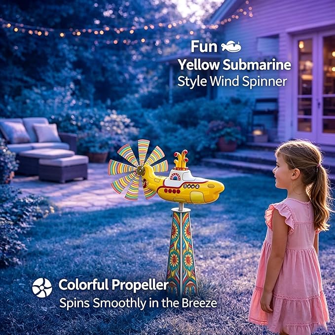 Yellow submarine windmill, a movable outdoor garden decoration with rotating blades, a sturdy and durable metal courtyard windmill, suitable for patios, porches or family gardens, featuring UV protection and non-fading dynamic art sculptures-LIN