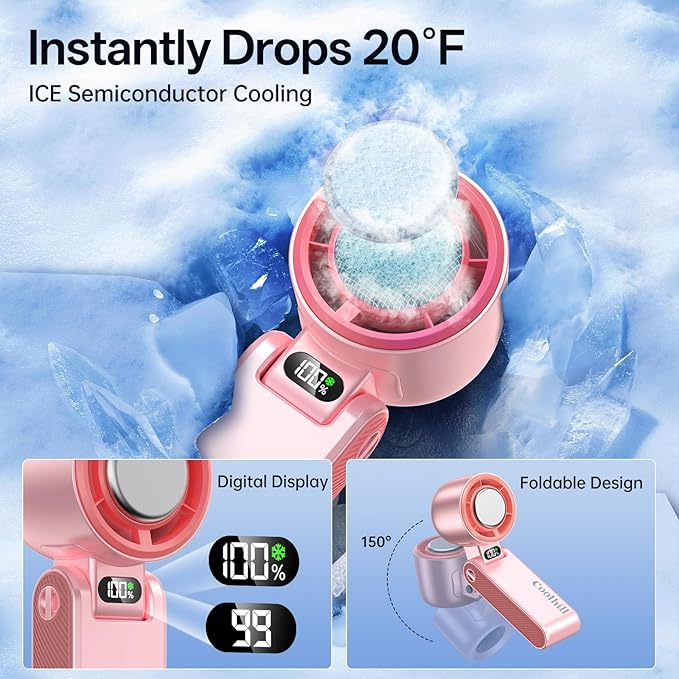 Handheld Portable Fan with Ice Cooler: 100-Speed 5500mAh Rechargeable Handheld Fan, 12H Time Hand Cooling Personal Fans with 20000 RPM Air Turbo Tech for Travel Outdoor-YAO