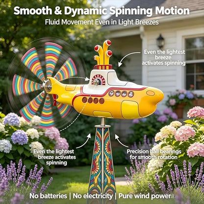 Yellow submarine windmill, a movable outdoor garden decoration with rotating blades, a sturdy and durable metal courtyard windmill, suitable for patios, porches or family gardens, featuring UV protection and non-fading dynamic art sculptures-LIN