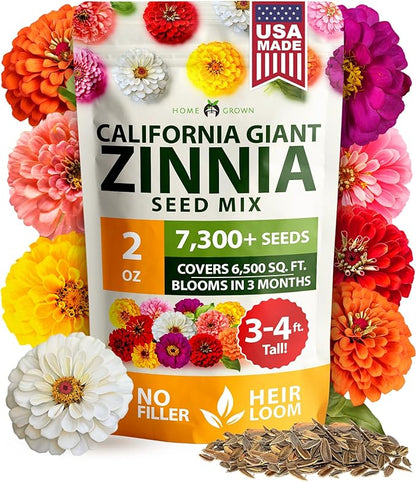 HOME GROWN Zinnia Seeds for 2026 - California Giant Mix - 7,300+ (2 oz) Plant Wildflower Blooms Bulk Seeds for Planting Flowers Outside - Pollinator Gardens (Zinnia elegans)-YAO