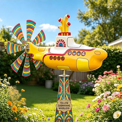 Yellow submarine windmill, a movable outdoor garden decoration with rotating blades, a sturdy and durable metal courtyard windmill, suitable for patios, porches or family gardens, featuring UV protection and non-fading dynamic art sculptures-LIN
