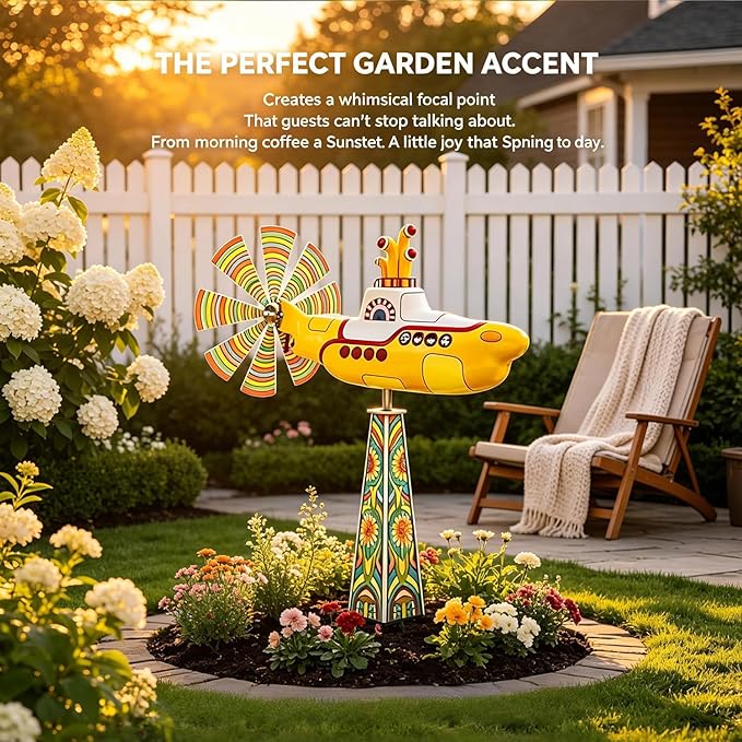 Yellow submarine windmill, a movable outdoor garden decoration with rotating blades, a sturdy and durable metal courtyard windmill, suitable for patios, porches or family gardens, featuring UV protection and non-fading dynamic art sculptures-LIN