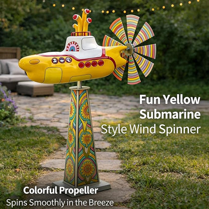Yellow submarine windmill, a movable outdoor garden decoration with rotating blades, a sturdy and durable metal courtyard windmill, suitable for patios, porches or family gardens, featuring UV protection and non-fading dynamic art sculptures-LIN