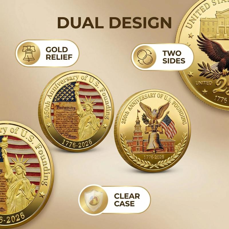 USA 250 Anniversary Coin Gold Rosegold Metal 1776-2026 250th Anniversary Challenge Coin With an independent protective cover Commemorative Coins for History Buffs Coins Collectors Gift-YAO