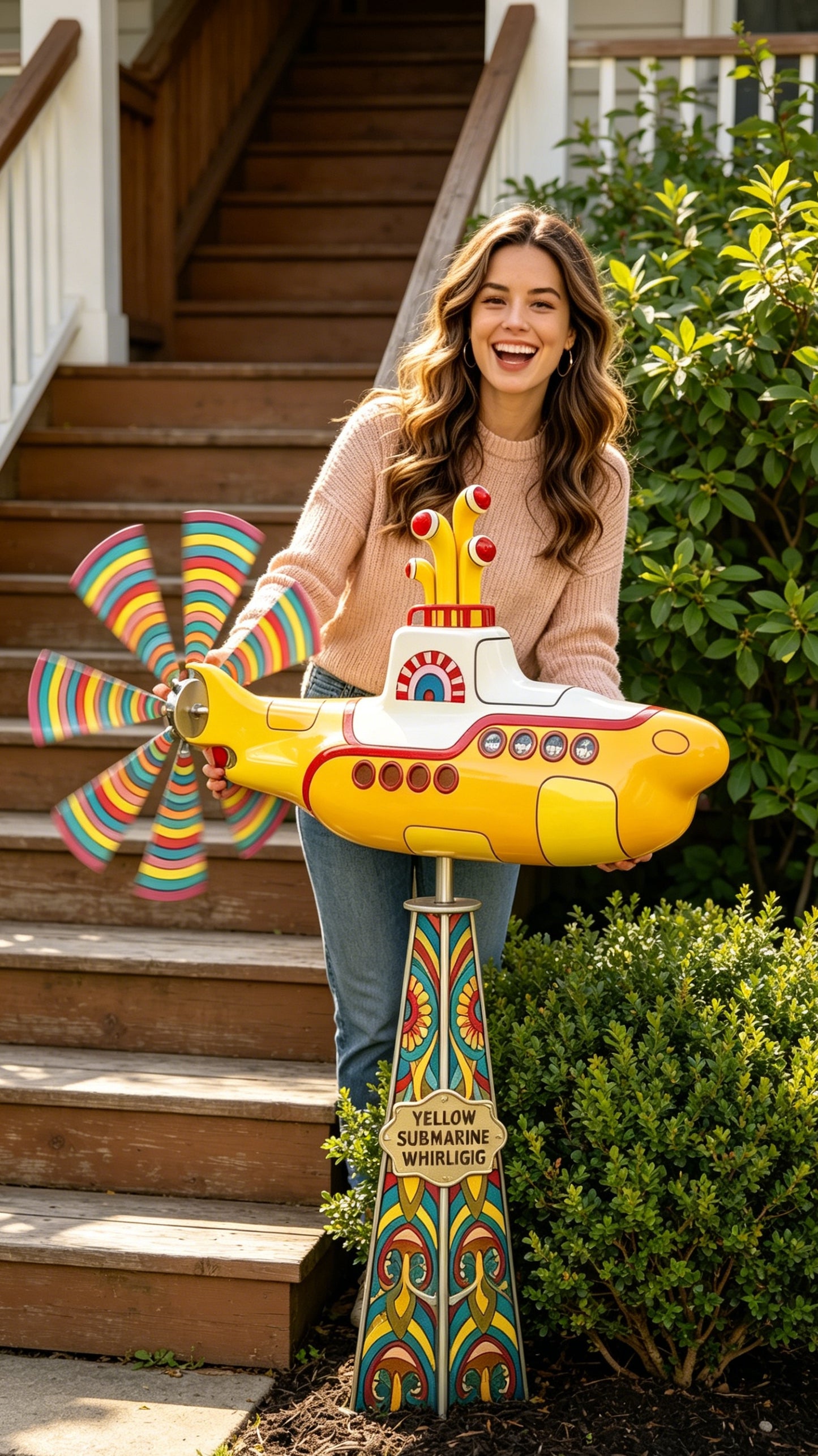 Yellow submarine windmill, a movable outdoor garden decoration with rotating blades, a sturdy and durable metal courtyard windmill, suitable for patios, porches or family gardens, featuring UV protection and non-fading dynamic art sculptures-LIN