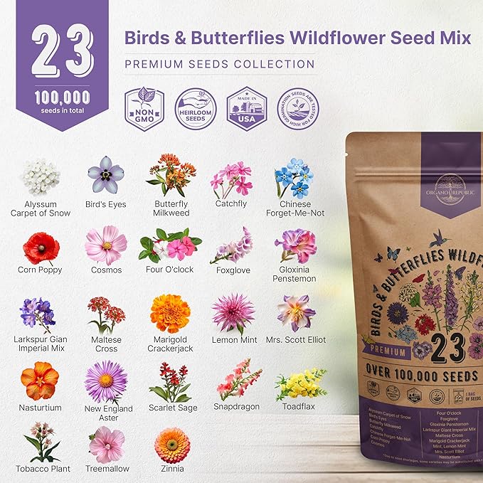 23 Wildflower Seeds Annual & Perennial Mix，Attract Birds & Butterflies 100,000+ Non-GMO, Heirloom Garden Seeds, 4oz Packet for Growing Wild Flowers-YAO