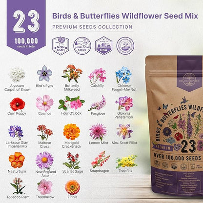23 Wildflower Seeds Annual & Perennial Mix，Attract Birds & Butterflies 100,000+ Non-GMO, Heirloom Garden Seeds, 4oz Packet for Growing Wild Flowers-YAO