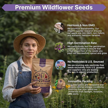23 Wildflower Seeds Annual & Perennial Mix，Attract Birds & Butterflies 100,000+ Non-GMO, Heirloom Garden Seeds, 4oz Packet for Growing Wild Flowers-YAO