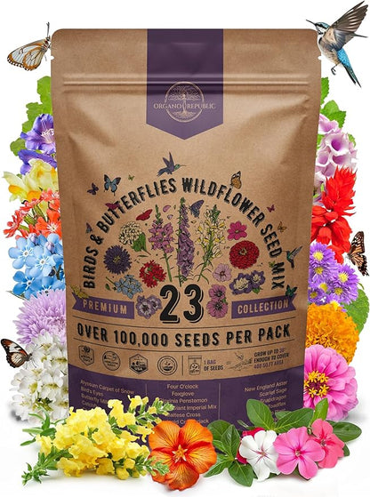 23 Wildflower Seeds Annual & Perennial Mix，Attract Birds & Butterflies 100,000+ Non-GMO, Heirloom Garden Seeds, 4oz Packet for Growing Wild Flowers-YAO
