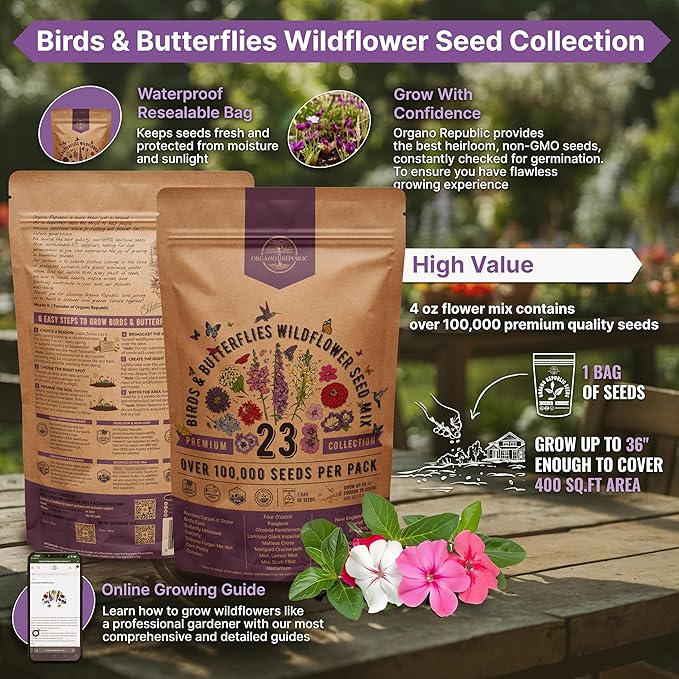 23 Wildflower Seeds Annual & Perennial Mix，Attract Birds & Butterflies 100,000+ Non-GMO, Heirloom Garden Seeds, 4oz Packet for Growing Wild Flowers-YAO