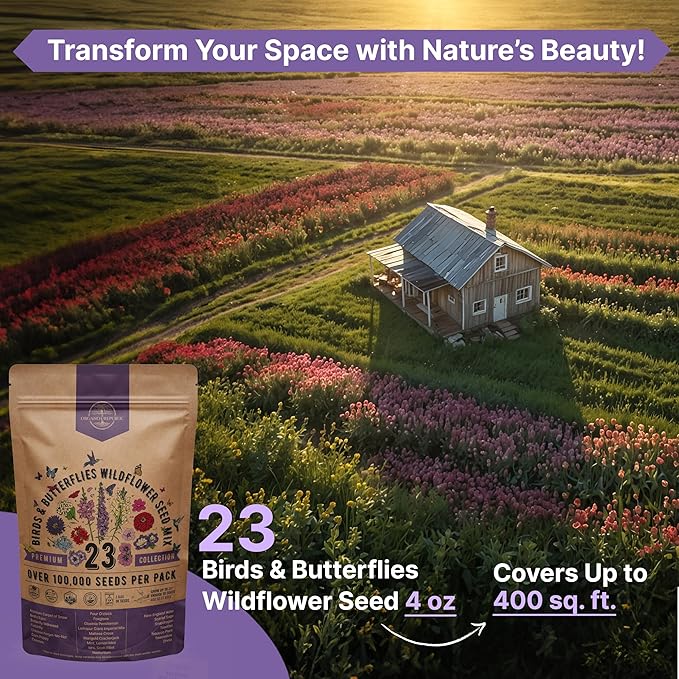 23 Wildflower Seeds Annual & Perennial Mix，Attract Birds & Butterflies 100,000+ Non-GMO, Heirloom Garden Seeds, 4oz Packet for Growing Wild Flowers-YAO