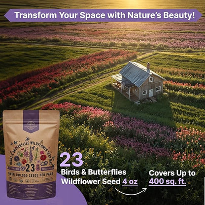 23 Wildflower Seeds Annual & Perennial Mix，Attract Birds & Butterflies 100,000+ Non-GMO, Heirloom Garden Seeds, 4oz Packet for Growing Wild Flowers-YAO