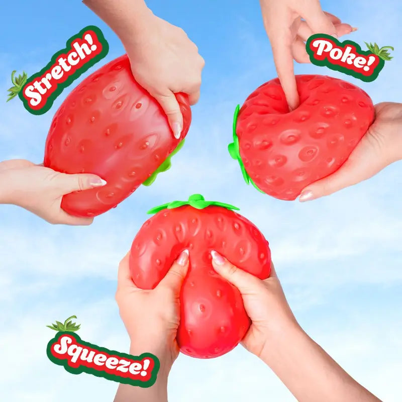 Toymendous Squeeze Strawberry - Extra Large 5" Squishy Stress Ball for Adults & Kids 3+ - Fruity Fidget Toy for Stress Relief & Sensory Play - Safe & Durable Non-Toxic Material-8WX
