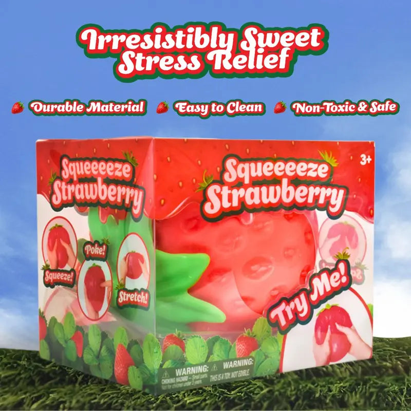 Toymendous Squeeze Strawberry - Extra Large 5" Squishy Stress Ball for Adults & Kids 3+ - Fruity Fidget Toy for Stress Relief & Sensory Play - Safe & Durable Non-Toxic Material-8WX