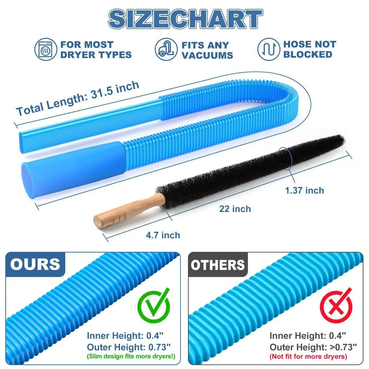 Sealegend Dryer Vent Cleaner kit Dryer Vacuum Hose Attachment with Stretch Universal Connector, Dryer Vent Cleaning Tool Vacuum Hose Lint Remover, Blue-8ZP