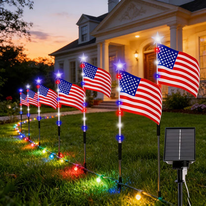 🎉Solar-powered outdoor American flag light set🎉, 4th of July Decorations with 8 Lighting Modes, Dusk-to-Dawn Auto On/Off Red White Blue Lights for Pathway, Garden Yd Decor, Solar Outdoor Lights-LIN