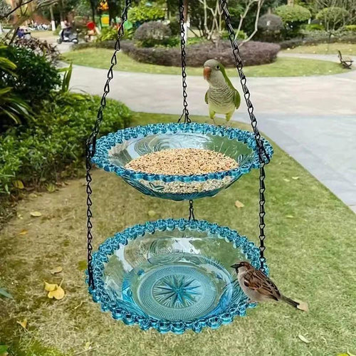 Hanging Bird Feeder and Bath, Double Layer Plastic Feeder Bowl with Metal Chain for Outdoor Garden Courtyard, Weather Immune Versatile Design Attracts Wild Birds-YAO