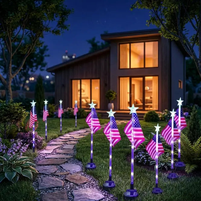 🎉Solar-powered outdoor American flag light set🎉, 4th of July Decorations with 8 Lighting Modes, Dusk-to-Dawn Auto On/Off Red White Blue Lights for Pathway, Garden Yd Decor, Solar Outdoor Lights-LIN