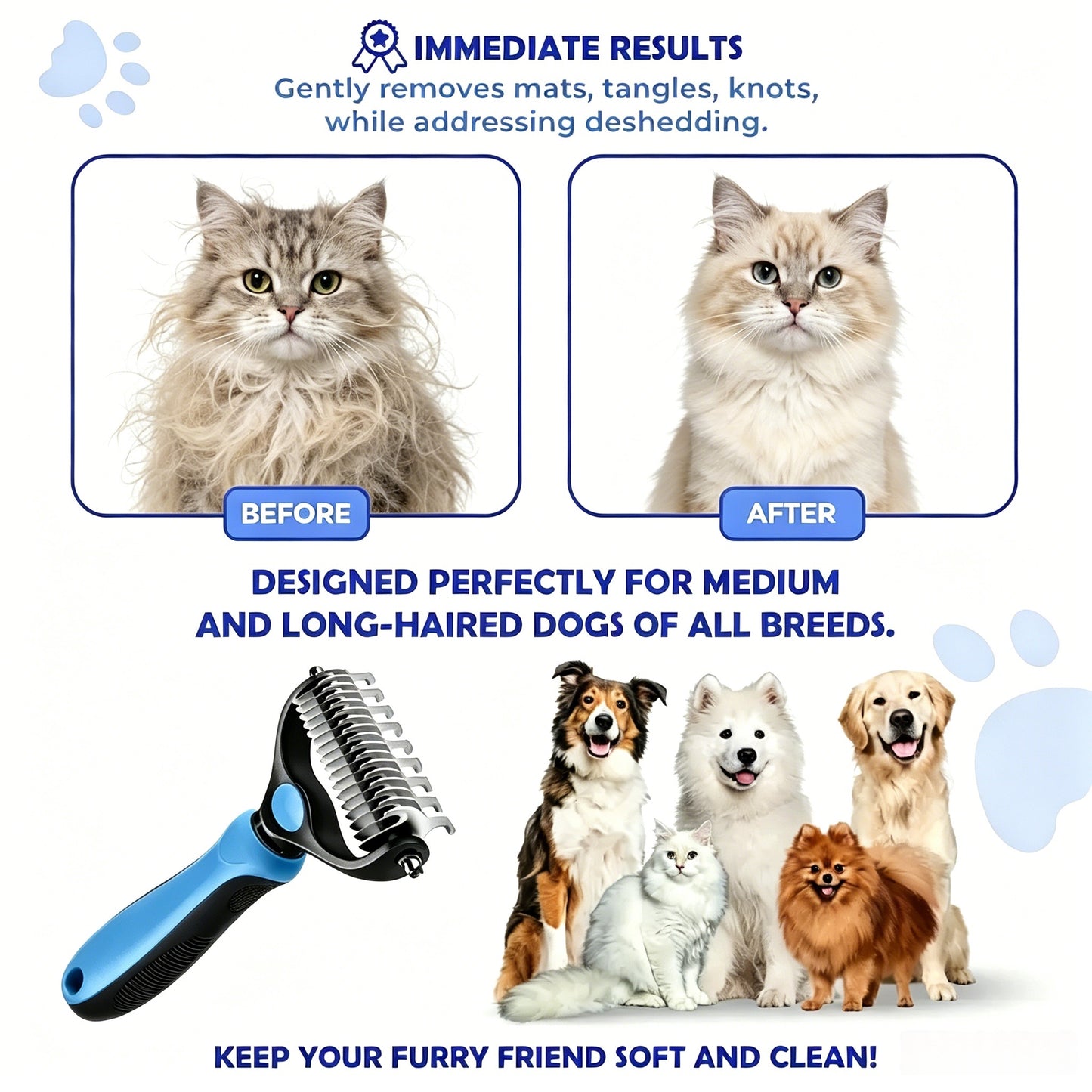 2-in-1 Stainless Steel Pet Dematting Comb, Double Sided Undercoat Rake, Anti-Slip Grooming Deshedding Brush for All Coat Types Dogs & Cats-LIN
