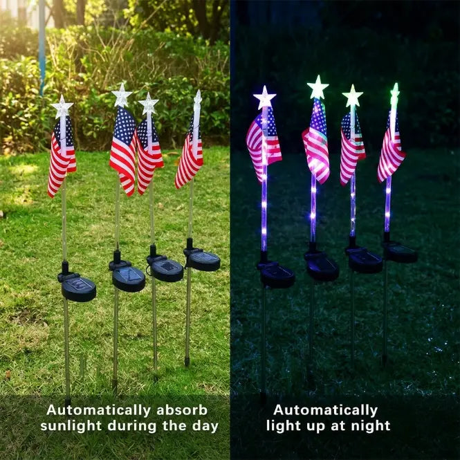 🎉Solar-powered outdoor American flag light set🎉, 4th of July Decorations with 8 Lighting Modes, Dusk-to-Dawn Auto On/Off Red White Blue Lights for Pathway, Garden Yd Decor, Solar Outdoor Lights-LIN
