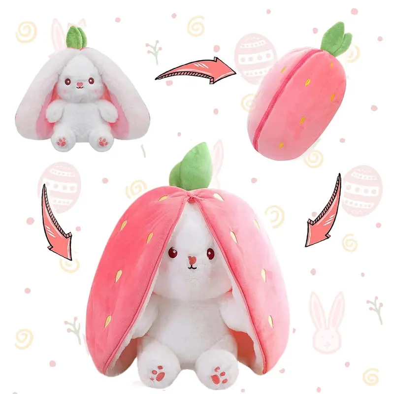 Bunny Stuffed Animal, Strawberry Reversible Cuddle Bunny Plush Doll with Zipper Cute Soft Rabbit Toys Pillow for Kids and Adults Easter Bunnies Plushies Gifts-LIN
