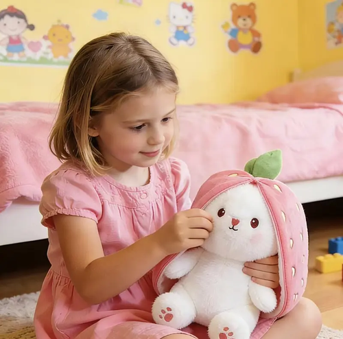 Bunny Stuffed Animal, Strawberry Reversible Cuddle Bunny Plush Doll with Zipper Cute Soft Rabbit Toys Pillow for Kids and Adults Easter Bunnies Plushies Gifts-LIN