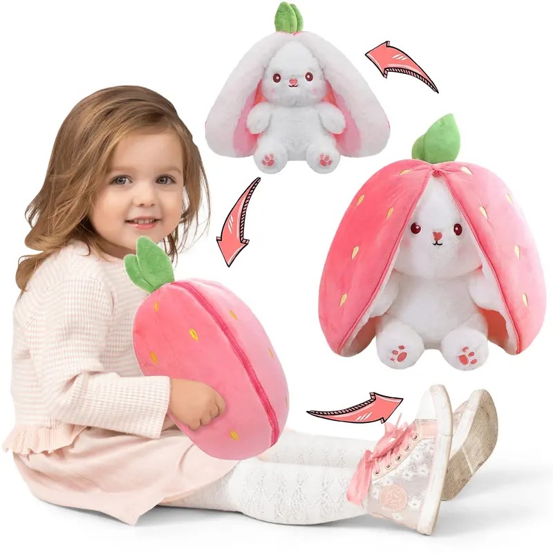 Bunny Stuffed Animal, Strawberry Reversible Cuddle Bunny Plush Doll with Zipper Cute Soft Rabbit Toys Pillow for Kids and Adults Easter Bunnies Plushies Gifts-LIN