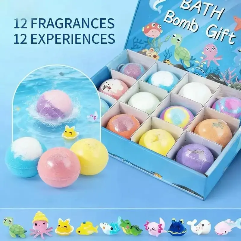 Ocean Toys Bath Balls Set with Surprise Inside Handmade Zodiac Animal Natural Sea Salt Bubble Bath Balls for Women Men Spa Gift 12 Pieces-LIN