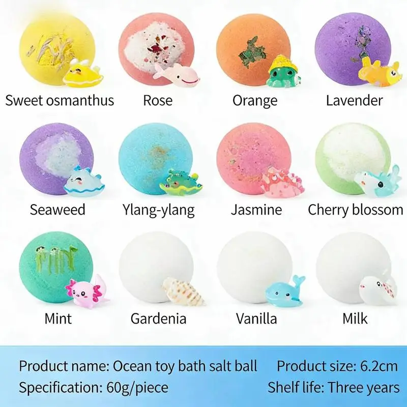 Ocean Toys Bath Balls Set with Surprise Inside Handmade Zodiac Animal Natural Sea Salt Bubble Bath Balls for Women Men Spa Gift 12 Pieces-LIN
