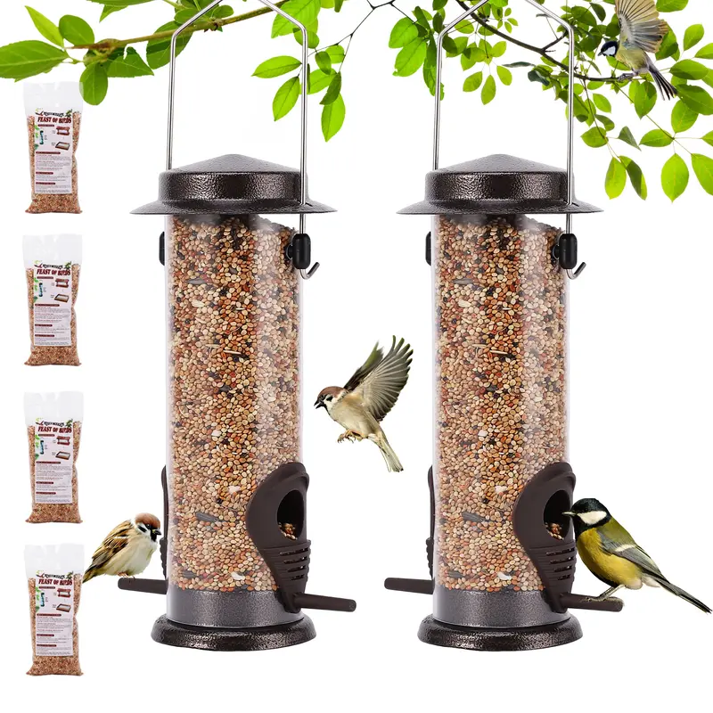 Sturdy Metal Bird Feeders 2 Pack for Outdoor Hanging with 4 Bags of High-Quality Seed Mix Oat Millet Buckwheat Oil Sunflower Wheat Durable Gift Resistant to Squirrels-LIN