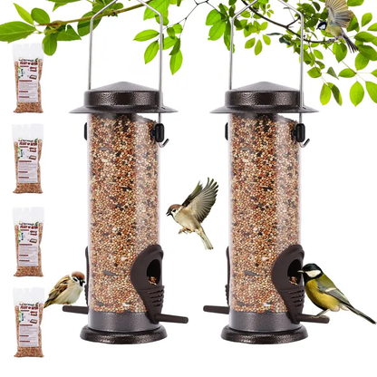 Sturdy Metal Bird Feeders 2 Pack for Outdoor Hanging with 4 Bags of High-Quality Seed Mix Oat Millet Buckwheat Oil Sunflower Wheat Durable Gift Resistant to Squirrels-LIN