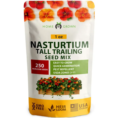 Nasturtium Tall Trailing Mix – 250+ Heirloom Seeds | Multicolored Blooms, High Coverage, Easy to Grow-LIN